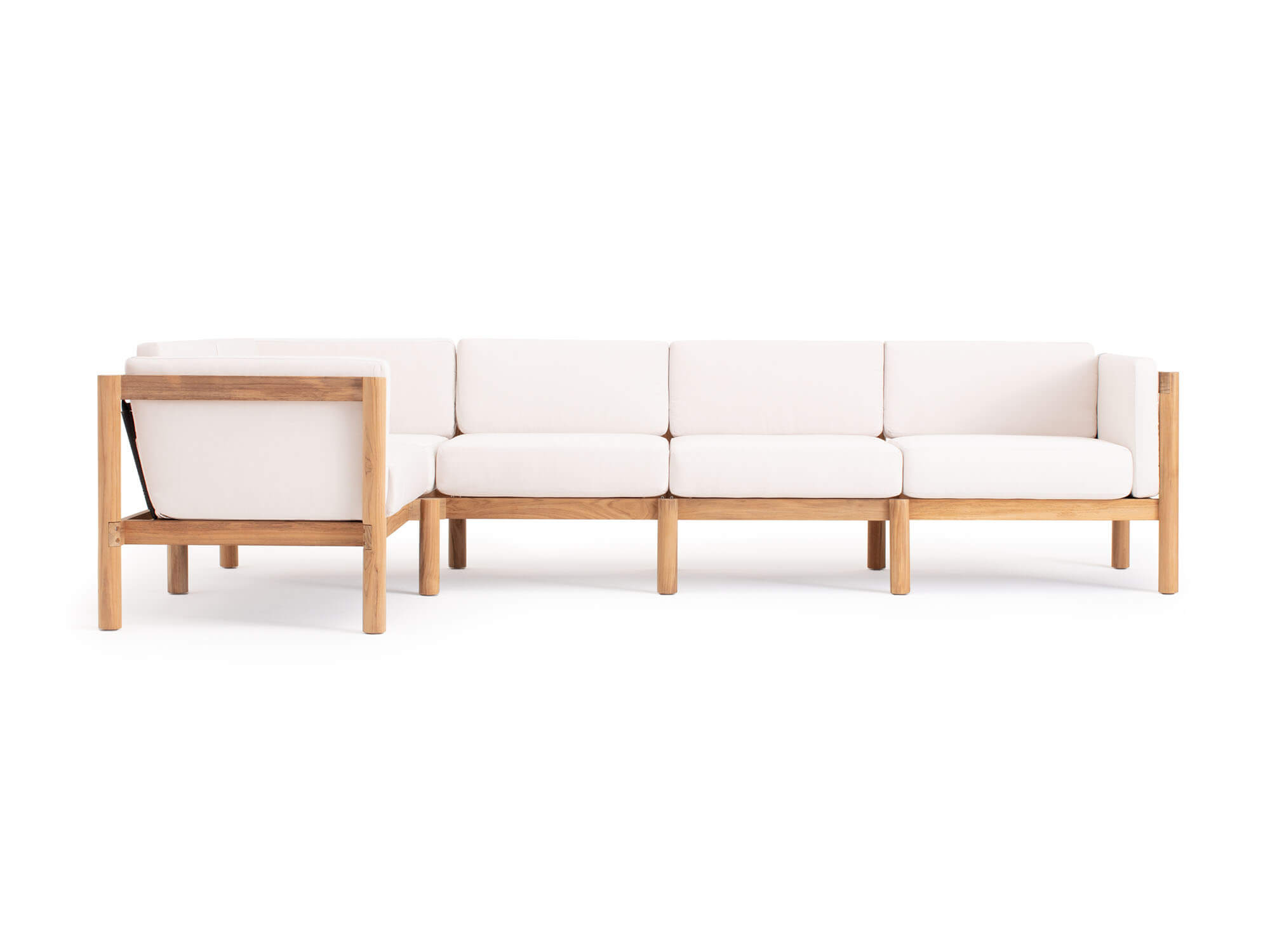 Front view of 5-piece outdoor sectional with white arm cushions